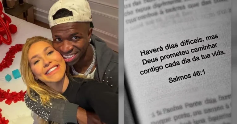 Virginia Fonseca sorri ao lado de Vini Jr. em montagem com mensagem religiosa sobre dias difíceis compartilhada após o término do namoro