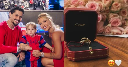 Virginia Fonseca posa com Zé Felipe e o filho José Leonardo ao lado de imagem de joia da Cartier e buquê de rosas, presentes que despertaram especulações nas redes sociais.