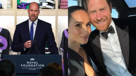 Montagem mostra o príncipe William discursando em evento e, ao lado, Meghan Markle e Harry sorrindo em uma selfie.