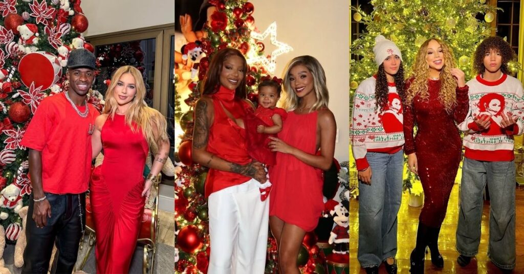 Virginia Fonseca, Ludmilla e Mariah Carey: 9 momentos do Natal de 2025 Montagem reúne registros de Natal de Virginia Fonseca, Brunna Gonçalves com Ludmilla e a filha Zuri, e Mariah Carey ao lado dos filhos, todos posando em frente a árvores natalinas decoradas.